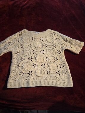 Cato Cream Crochet Flower And Circle Motif Short Sleeve Sweater